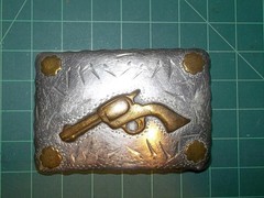 Vtg RENALDE Denver SILVER Nickel Brass WESTERN Revolver GUN & ROSES Belt BUCKLE