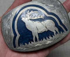 vintage ELK belt buckle HANDCRAFTED german silver WESTERN inlay ENGRAVED cowboy