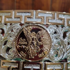 Centenario Cowboy Belt Buckle Western Rodeo Silver & Rose Gold Faux 50 Peso