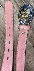 Horse Shoe Pink Tooled Leather Belt Buckle Barrel Rider Rodeo 26 Cowgirl Country