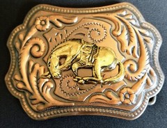 VTG Bowing Horse End Of Trail Copper Tone W Gold Horse Belt Buckle Men&rsquo;s Ornate