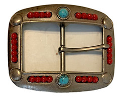 3.5 X 2.75&Prime; Rectangular retro vibe Red/Green Stone Studded Belt Buckle