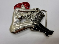 Woman Hugging V-Twin Engine with Red Enamel Hair Novelty Figural Belt Buckle