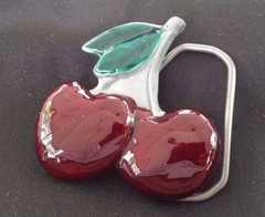 CHERRY CHERRIES RED WITH GREEN STEM LEAVES FRUIT BELT BUCKLE