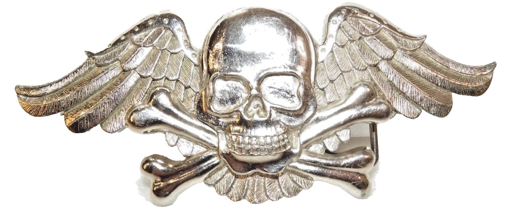 Skull Heavy Metal Belt Buckle Cross Bones w Wings Silver Tattoo Size 6&Prime;x 2.5&Prime;