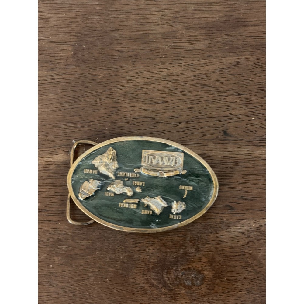 Vintage 1984 Arroyo Grande Buckle Co Hawaii Islands Map Brass Belt Buckle Green