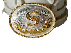 Western Initial Belt Buckle 3.5 x 2 5/8 in Oval S Silver Engraved Gold 1.75