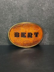 Vintage BERT Leather Inlay Brass Tone Belt Buckle Made USA