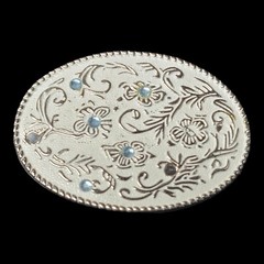 Vintage Belt Buckle Rhinestone Blue Crystal Silver Western Scroll Cowgirl 80s