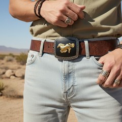 Men Women Belt Buckle Silver Metal Square Trendy Gold Rodeo Horse Black Fabric
