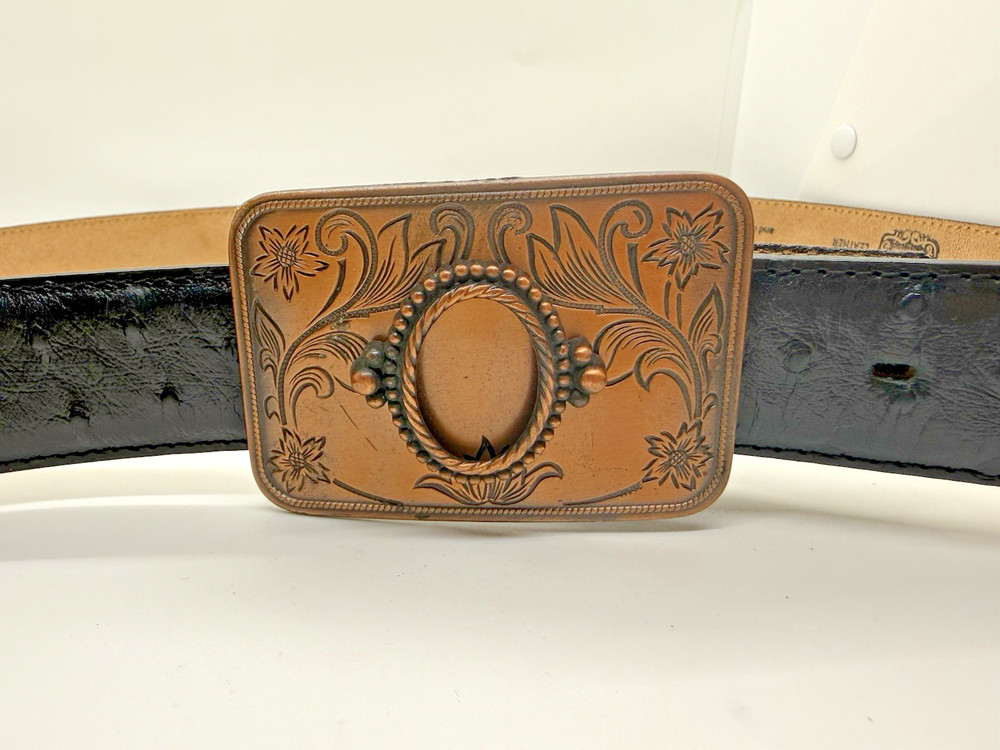 Vintage Western Belt Buckle Engraved Copper Floral Floral Design Cowboy Style