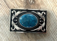 Large Blue Stone Western Belt Buckle Silver Cowboy Concho Turquoise 1.5&Prime; Strap
