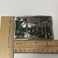 VTG 1976  » COLORADO  » BERGAMOT Brass Works Enamel DIX Leather BELT BUCKLE – NICE