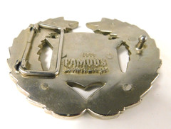 Famous Belt Buckle Stars & Stripes Flag Wreath USA Black Silver #8387 Ex. Cond.