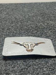 Western Longhorn Bull Belt Buckle Silver Tone Floral Etched Cowboy