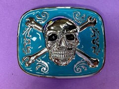 Jolly Roger Pirate Skull Head & Crossbones Blue Enamel Colored New Belt Buckle