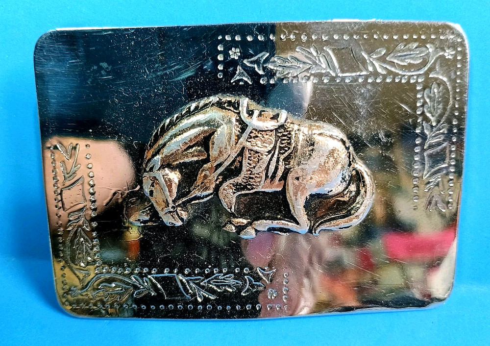 vtg Kneeling Horse Rodeo Western Cowboy, Cowgirl Belt Buckle Antique Chrome