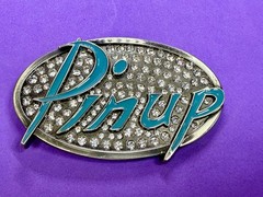 Pinup Girl – Blue Lettering Fashion Statement Novelty Jeweled Oval Belt Buckle