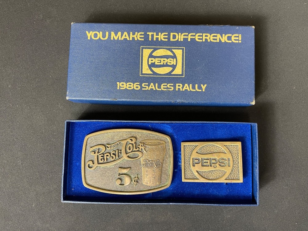 NIB Vintage SET Of 2 Brass PEPSI COLA Soda Pop 1986 SALES RALLY Belt BUCKLES