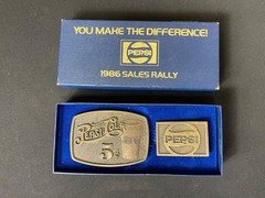 NIB Vintage SET Of 2 Brass PEPSI COLA Soda Pop 1986 SALES RALLY Belt BUCKLES