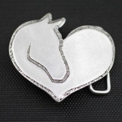 Western Heart Belt Buckle with Horse Head in Antique Silver, Rustic Interchangeable Buckle