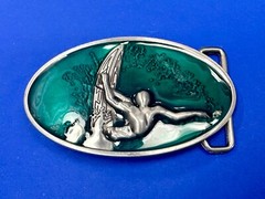 Surfer Riding A Wave Hang 10 Oval Aqua Ocean Sea Blue Color Belt Buckle