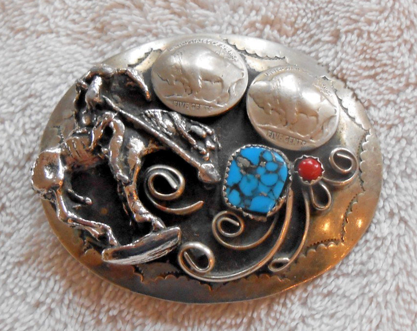 Sterling Native American Belt Buckle – Buffalo Nickels Turquoise/Coral 76g TW