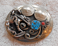 Sterling Native American Belt Buckle – Buffalo Nickels Turquoise/Coral 76g TW