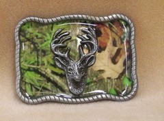 Belt Buckle Camouflage Background With Raised Deer Head Pewter Rectangle
