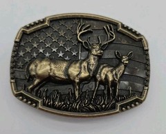 Belt Buckle Bronze Deer Hunter USA Flag Background Western 4&Prime; New