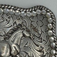 Western Horse Belt Buckle Silver Tone Floral Engraved Rhinestone Border Rodeo