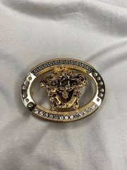 Gold Medusa Head Belt Buckle Black Greek Key Crystal Oval