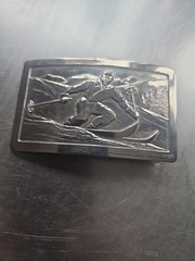 JUSTIN BELT CO. FORT WORTH TEXAS Vintage Skiing Silver Tone Belt Buckle