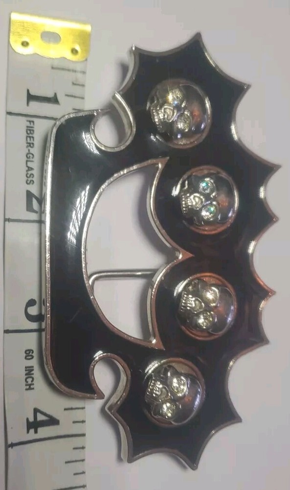 Rock Rebel 4 Skulls Metal & Lacquered Belt Buckle Silver & Black
