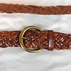 Fossil Braided Leather Belt Brown Woven Brass Buckle Large Boho Western festival