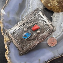 Vintage Richard Henry Yazzie Native American Silver Turquoise &Coral Belt Buckle