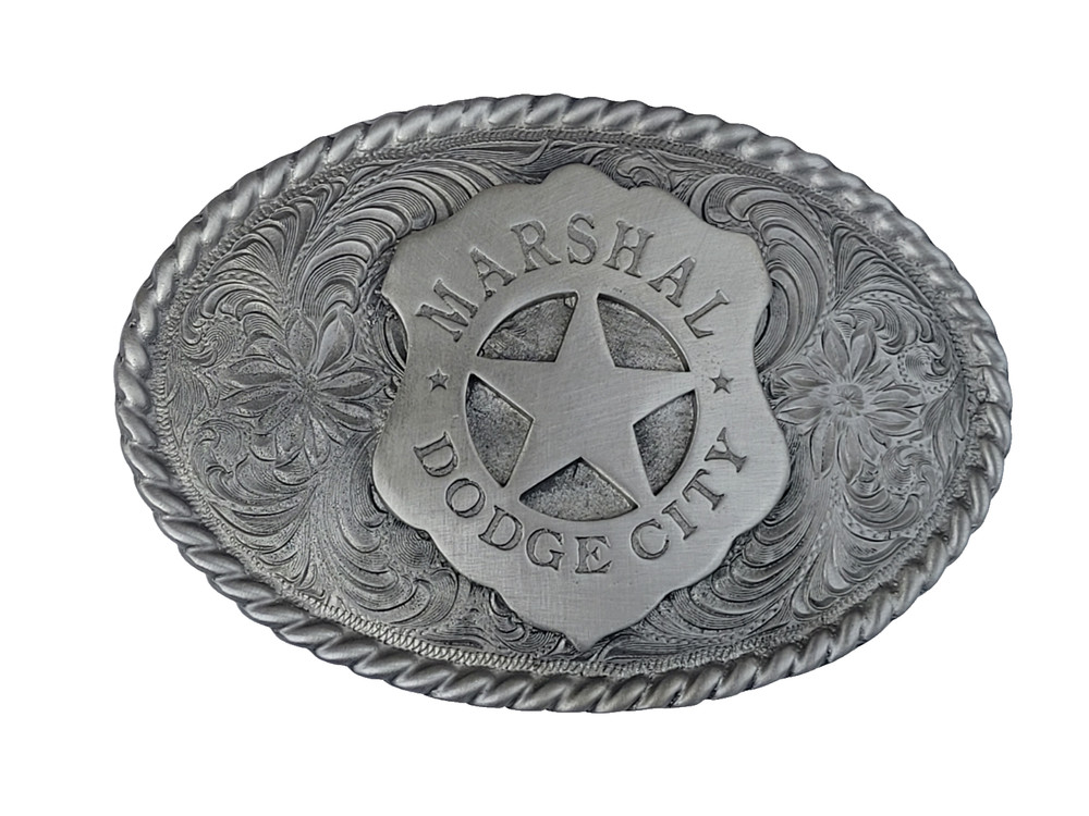 Pewter Old West Marshal Dodge City Badge Belt Buckle Silver Western Buckle