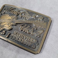 VTG Nashville Belt Buckle Music City Tennessee Guitar Brass Tone Souvenir U.S.A.