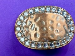 Textured Hammered Metal with Clear Rhinestone Border Modernist Belt Buckle