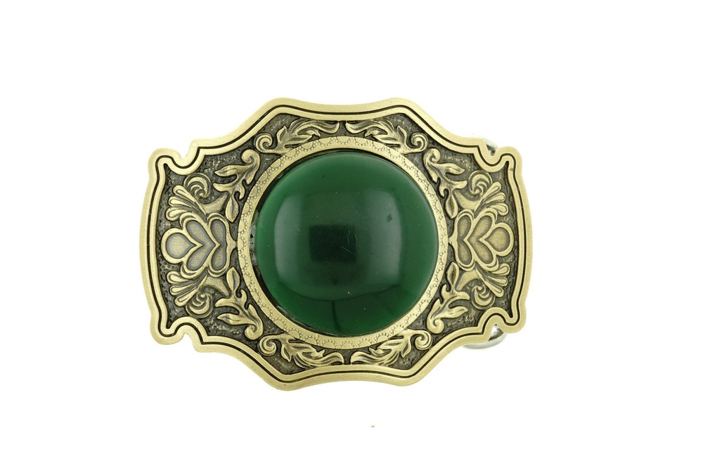 Southwest Western Patterns with Green Stone Oval Solid Brass Metal Belt Buckle