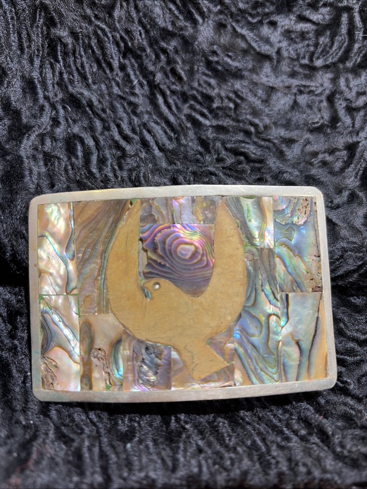 VINTAGE Belt Buckle Abalone/Brass/Silver Peace Dove ALPACA Mexico~ 3.5” X 2.5”