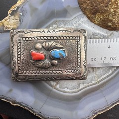 Vintage Richard Henry Yazzie Native American Silver Turquoise &Coral Belt Buckle