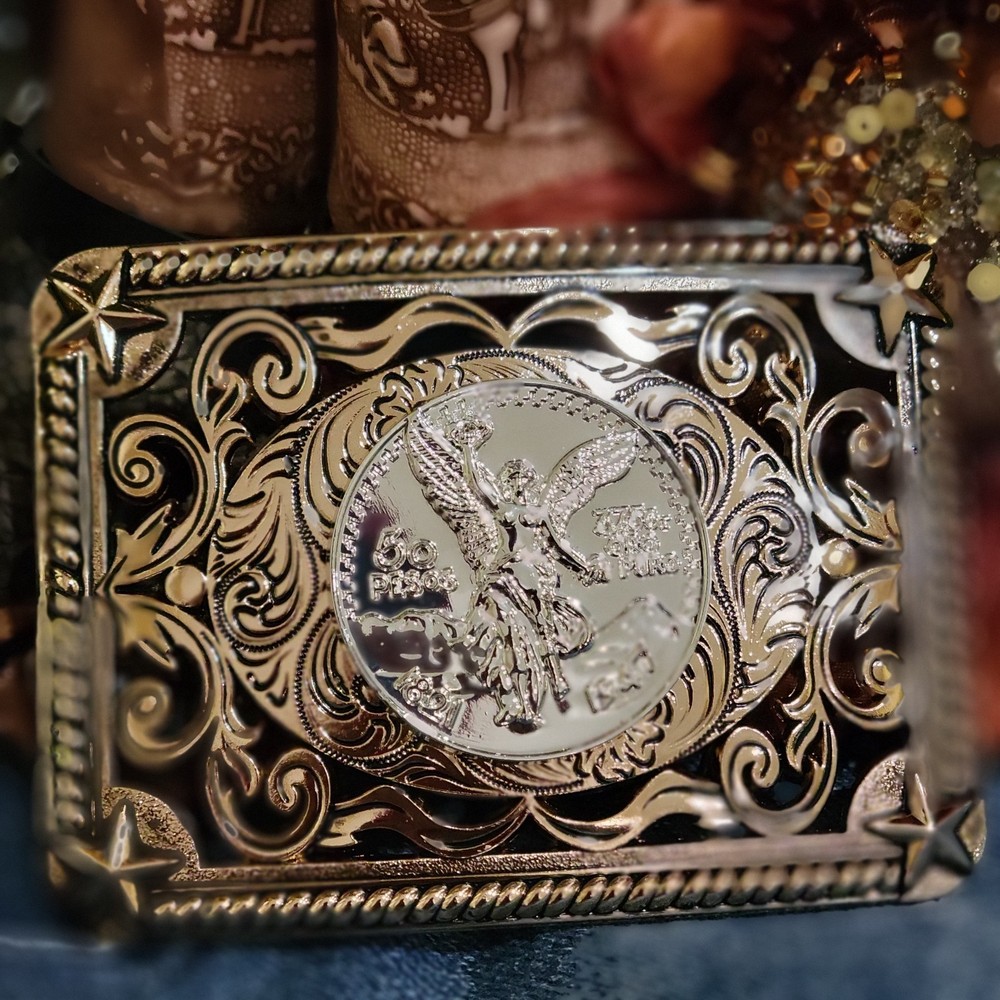 Centenario Cowboy Belt Buckle Western Rodeo Silver Rosetone Coin Rectangle