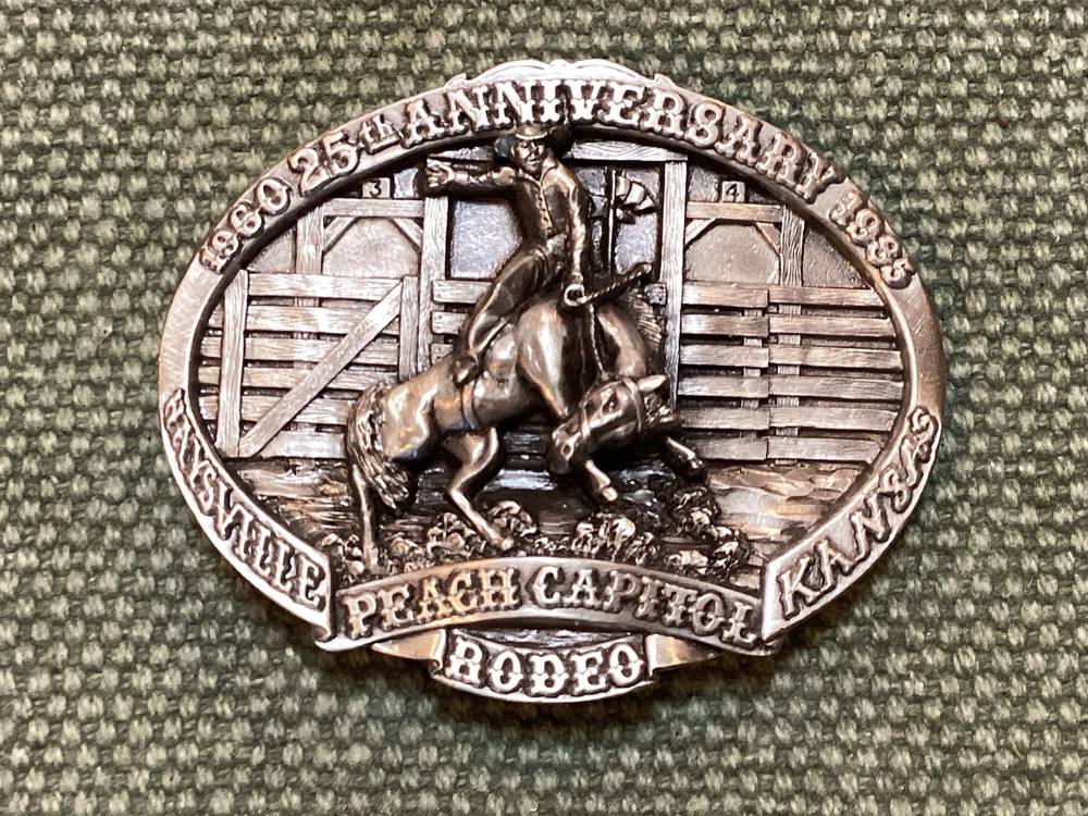 Western Belt Buckle Peach Capitol Rodeo 25th Kansas Rare 3D Cowboy Bronco Chute