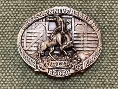 Western Belt Buckle Peach Capitol Rodeo 25th Kansas Rare 3D Cowboy Bronco Chute