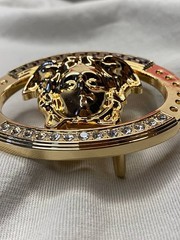 Gold Medusa Head Belt Buckle Black Greek Key Crystal Oval