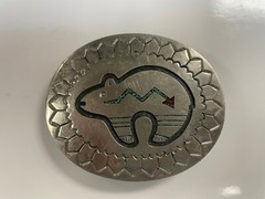 Vintage Silver Turquoise And Coral Inlaid Bear Belt Buckle Signed T