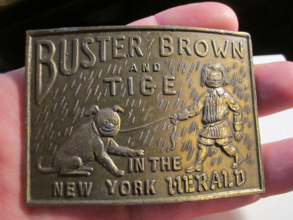 VINTAGE BUSTER BROWN AND TIGE BELT BUCKLE – HEAVY BRASS – GW-9