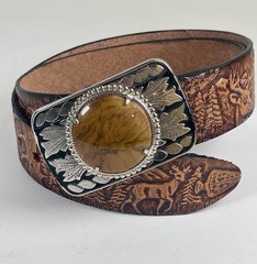 Vtg Tooled Leather Western Belt & Brown Stone BUCKLE 30/34 Small Deer Woods USA