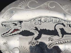 Alligator Handmade Stone Inlay German Silver Tooled Paisley Vintage Belt Buckle